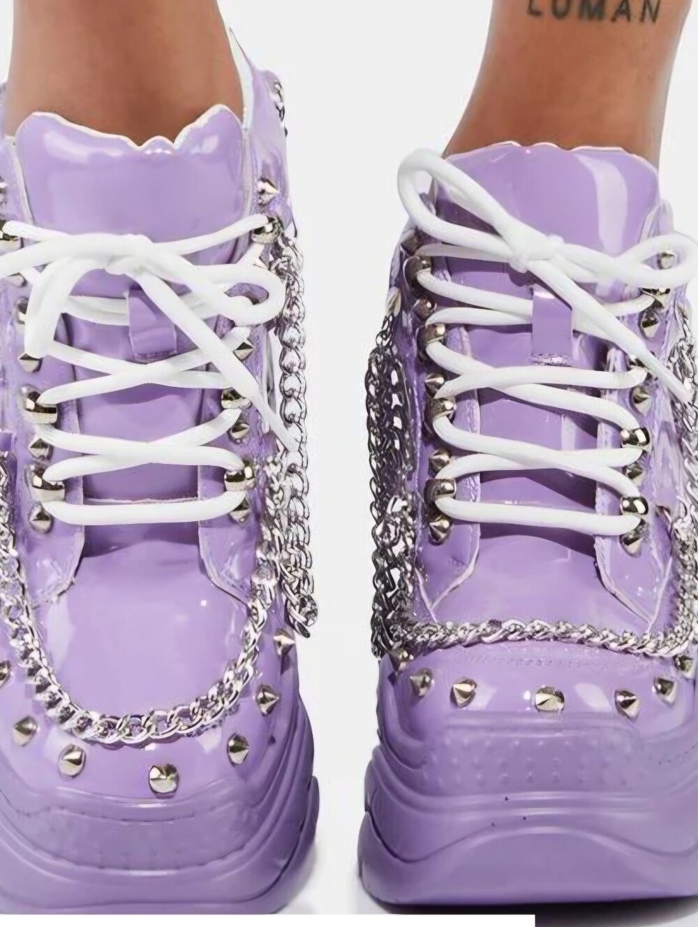 WTF By Anthony Wang Lilac Patent Sneakers Chain Studded Hidden Wedge 7.5 NWOT - Picture 3 of 14